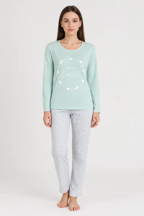 Pijama damă imprimeu ,,You Are Beautiful'', culoare verde