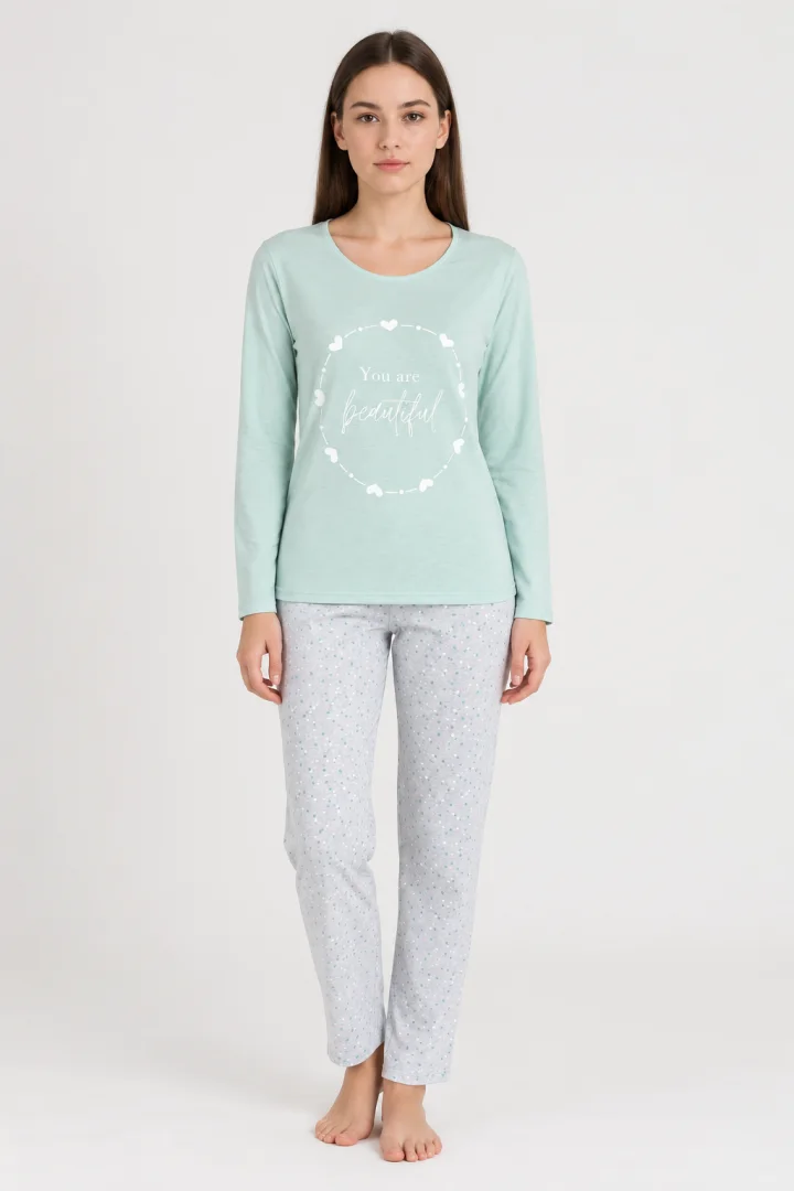 Pijama damă imprimeu ,,You Are Beautiful'', culoare verde