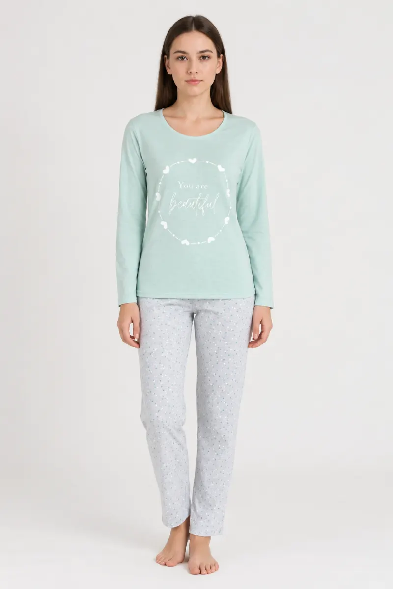 Pijama damă imprimeu ,,You Are Beautiful'', culoare verde