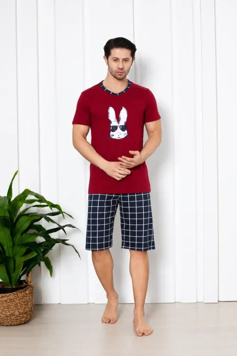 Pijama bărbat 3/4, imprimeu iepure cu ochelari, rosu