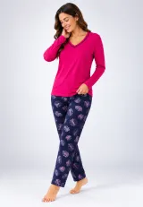 Pijama de dama fucsia cu maneca lunga si pantaloni lungi blumarin cu frunze