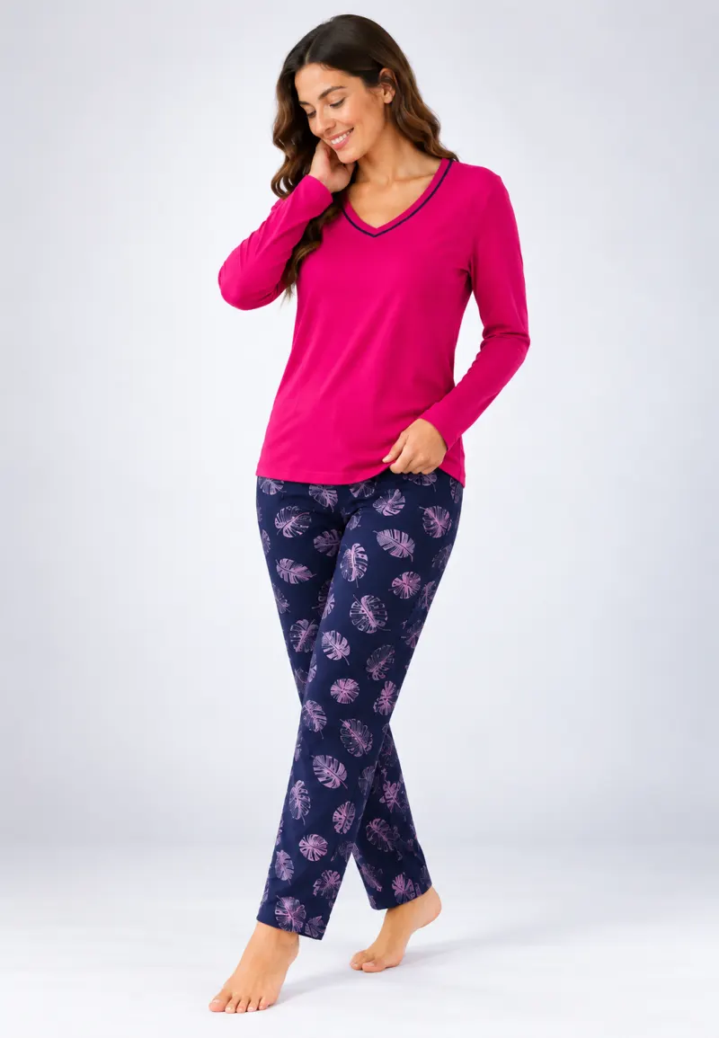 Pijama de dama fucsia cu maneca lunga si pantaloni lungi blumarin cu frunze