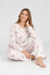 Pijama damă iarnă mărimi mari – albă cu imprimeu flori rosi