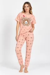 Pijama damă din bumbac 100%, cu tricou și pantaloni lungi cu manșetă, imprimeu ursuleț și inimioare, piersică