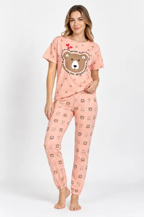 Pijama damă din bumbac 100%, cu tricou și pantaloni lungi cu manșetă, imprimeu ursuleț și inimioare, piersică