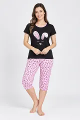 Pijama dama din bumbac, imprimeu capsuni, iepure , negru