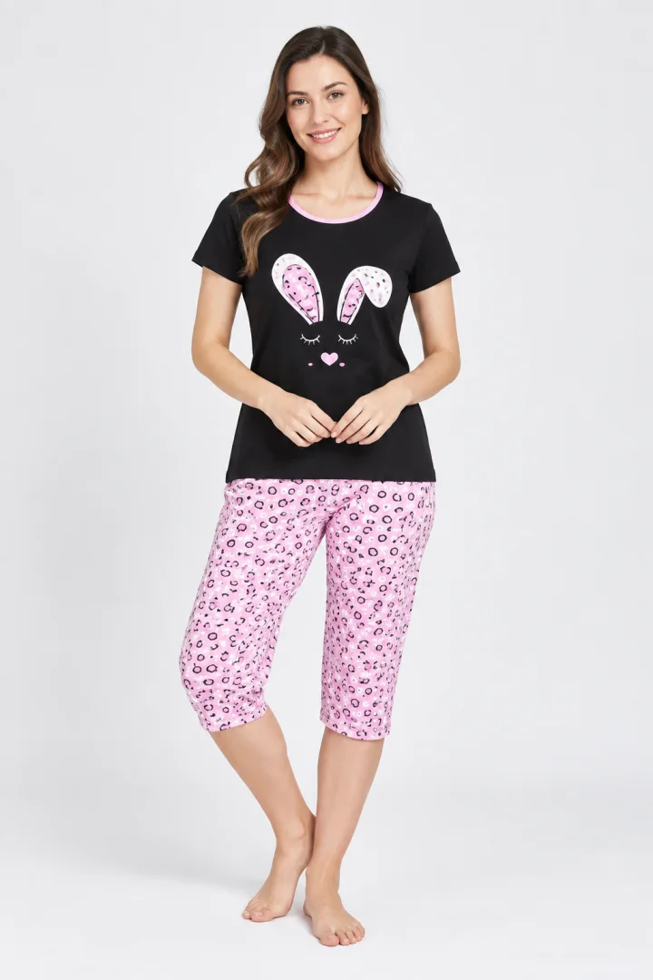 Pijama dama din bumbac, imprimeu capsuni, iepure , negru