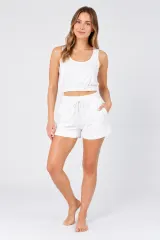 Compleu damă casual din bumbac, set cu top scurt și pantaloni scurți cu buzunare, alb