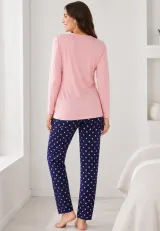 Pijama de dama roz pal cu maneca lunga si pantaloni lungi blumarin cu buline