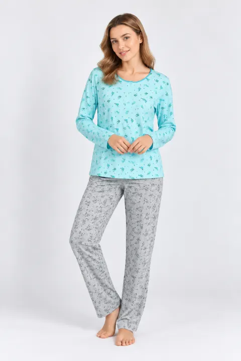 Pijama damă Big Size Serena turcoaz din bumbac cu mânecă lungă