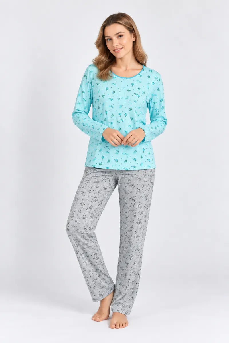 Pijama damă Big Size Serena turcoaz din bumbac cu mânecă lungă