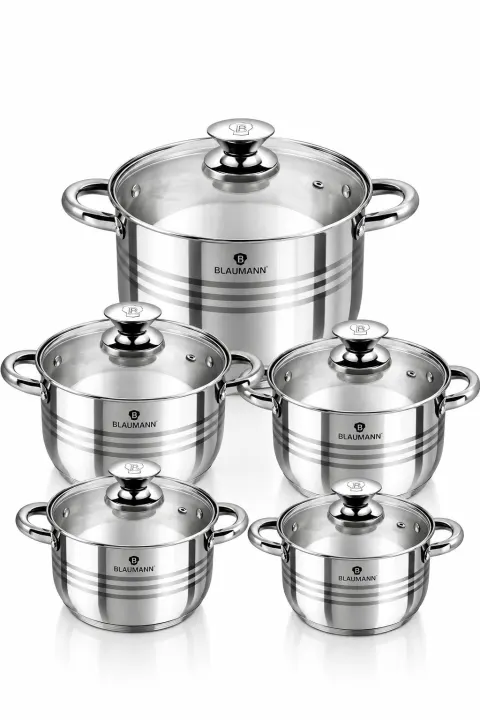 Set 5 Oale din Inox cu Capace din Sticlă Termorezistentă
