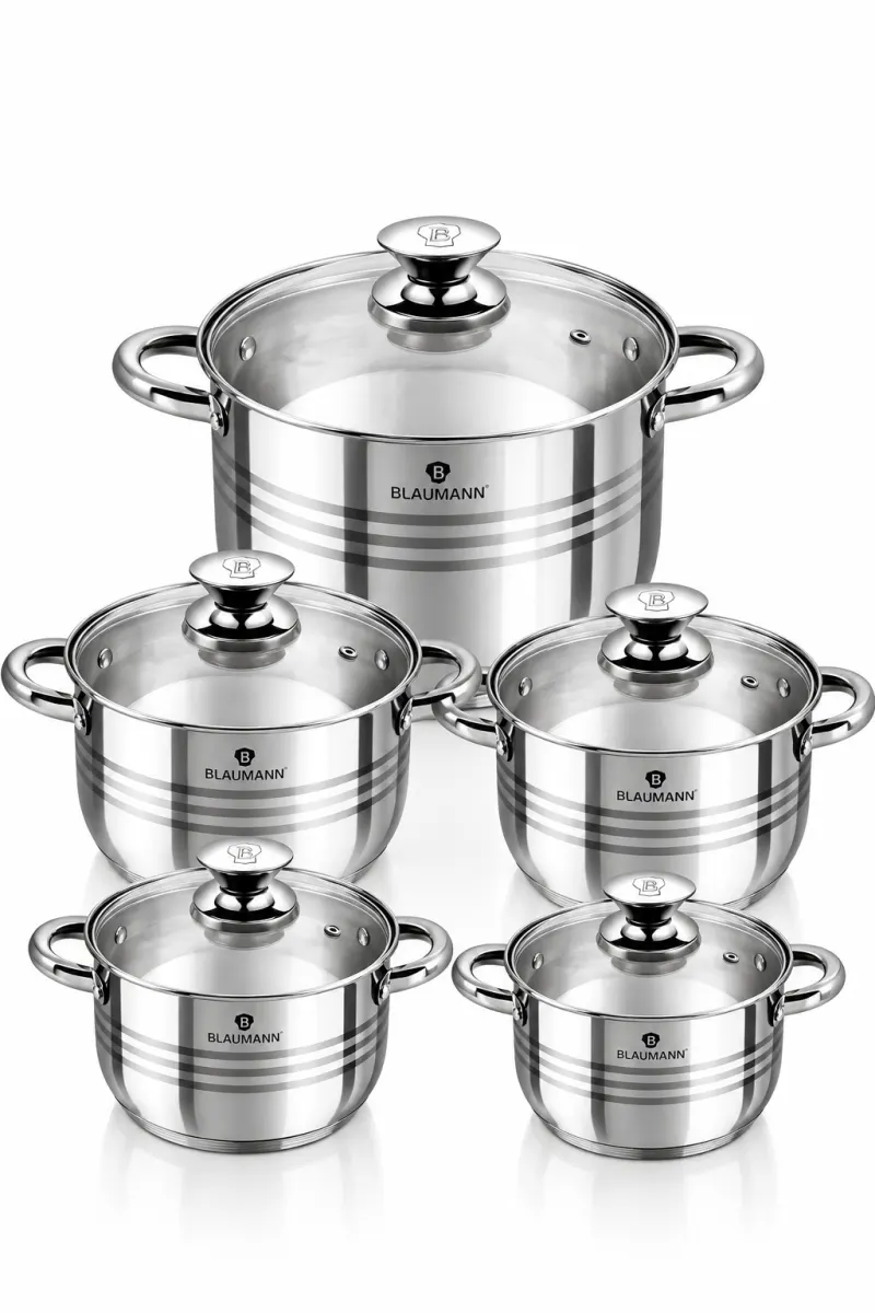 Set 5 Oale din Inox cu Capace din Sticlă Termorezistentă