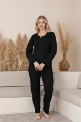 Pijama Damă de Iarnă – Negru cu Picățele Albe