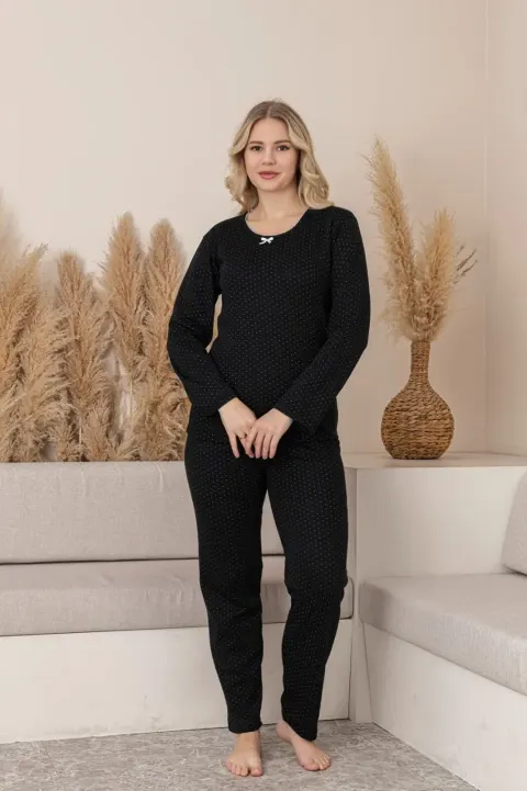 Pijama Damă de Iarnă – Negru cu Picățele Albe