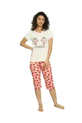 Pijama dama din bumbac, imprimeu capsuni, alb