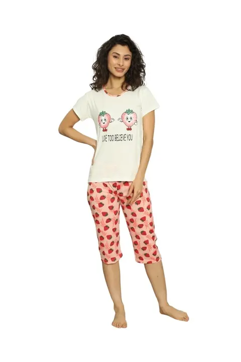 Pijama dama din bumbac, imprimeu capsuni, alb