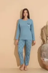 Pijama damă albastru deschis, bluză „Cute” cu ursuleț  cu imprimeu ursuleți