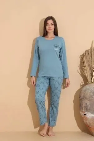 Pijama damă albastru deschis, bluză „Cute” cu ursuleț  cu imprimeu ursuleți