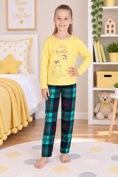Pijama copii cu mânecă lungă și pantaloni lungi – imprimeu „Hello Winter”, galben