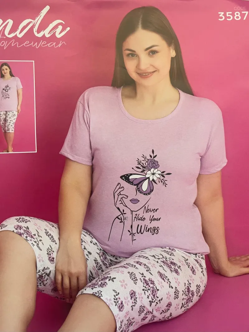 Pijama damă Rinda din bumbac „FLORI” cu pantaloni 3/4
