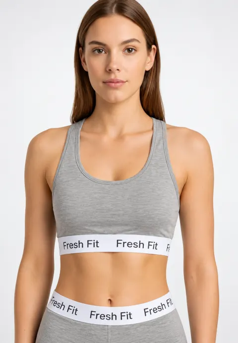 Bustieră sport damă Fresh Fit din bumbac, fără burete și fără balene, cu spate racerback, gri
