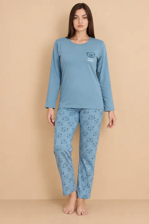 Pijama damă albastru deschis, bluză „Cute” cu ursuleț  cu imprimeu ursuleți