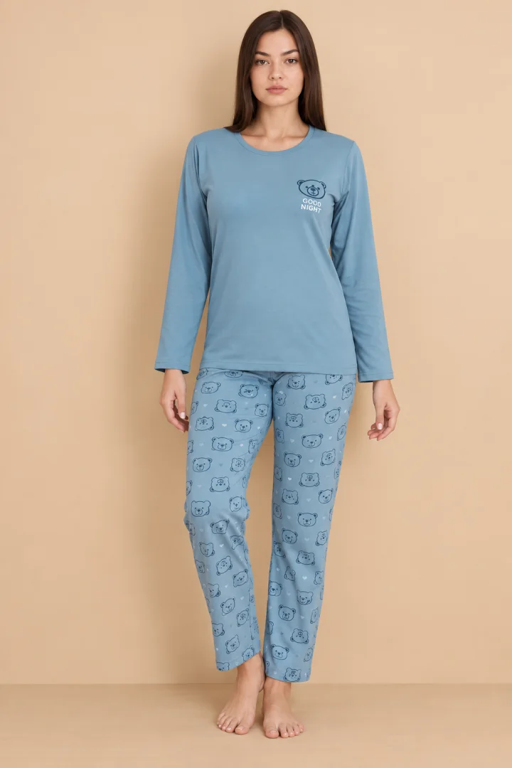 Pijama damă albastru deschis, bluză „Cute” cu ursuleț  cu imprimeu ursuleți