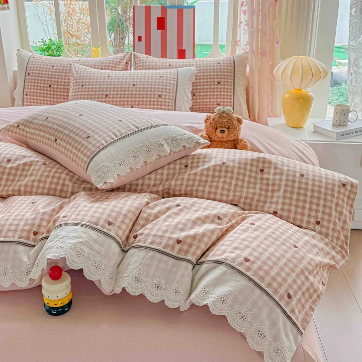Lenjerie de Pat din 100% Bumbac cu Dantelă, 4 Piese, Cearșaf cu Elastic 180x200 cm