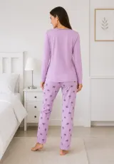 Pijama de dama lila cu maneca lunga si pantaloni lungi lila cu flori
