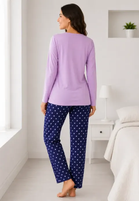 Pijama de dama lila cu maneca lunga si pantaloni lungi blumarin cu buline