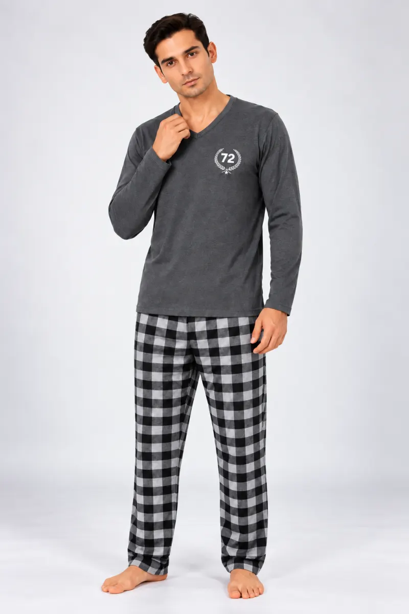 Pijama barbat gri cu carouri mari alb cu negru