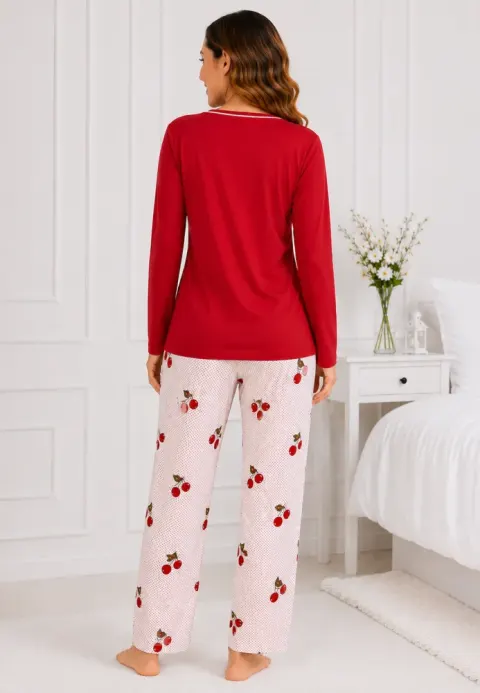 Pijama de dama rosu cu maneca lunga si pantaloni lungi