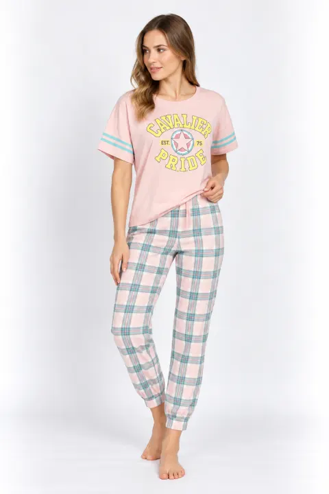 Pijamale, maneca scurta, pantaloni lungi, culoare roz