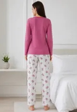 Pijama de dama roz pudra cu maneca lunga si pantaloni lungi albi cu flori