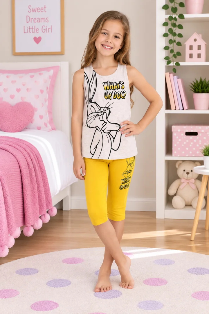 Pijama fetițe Looney Tunes – maiou și pantaloni 3/4, galben