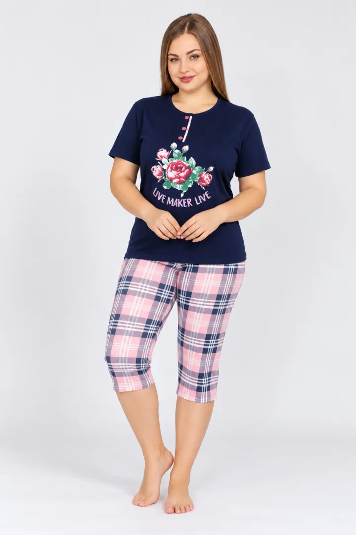 Pijama dama din bumbac, tricou blumarin cu nasturi și pantaloni 3/4
