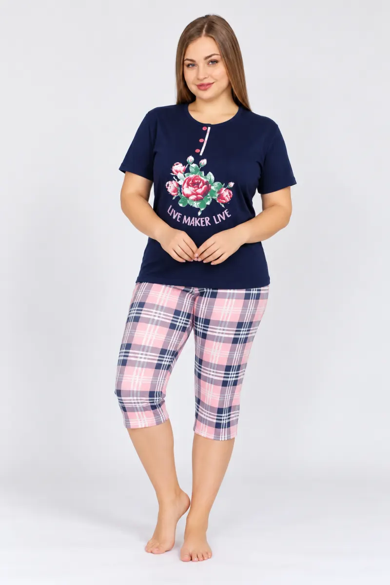 Pijama dama din bumbac, tricou blumarin cu nasturi și pantaloni 3/4