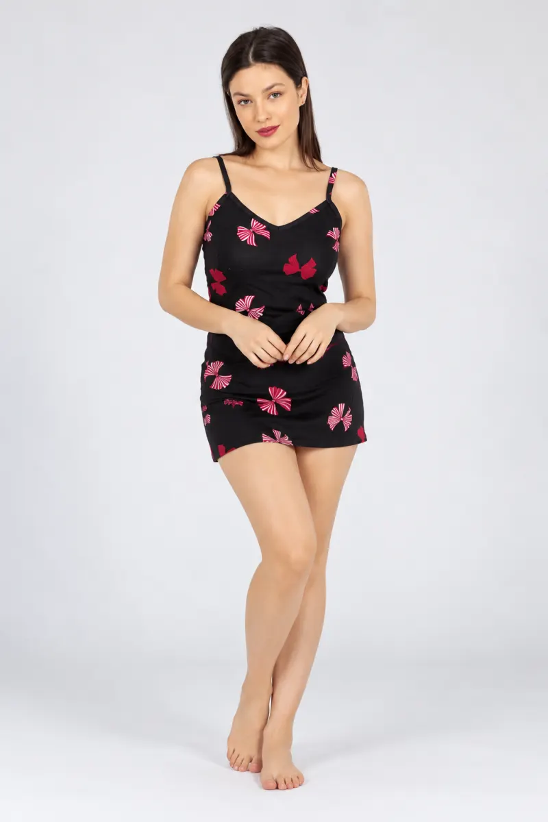 Pijama damă, maiou și short, imprimeu fundițe, negru