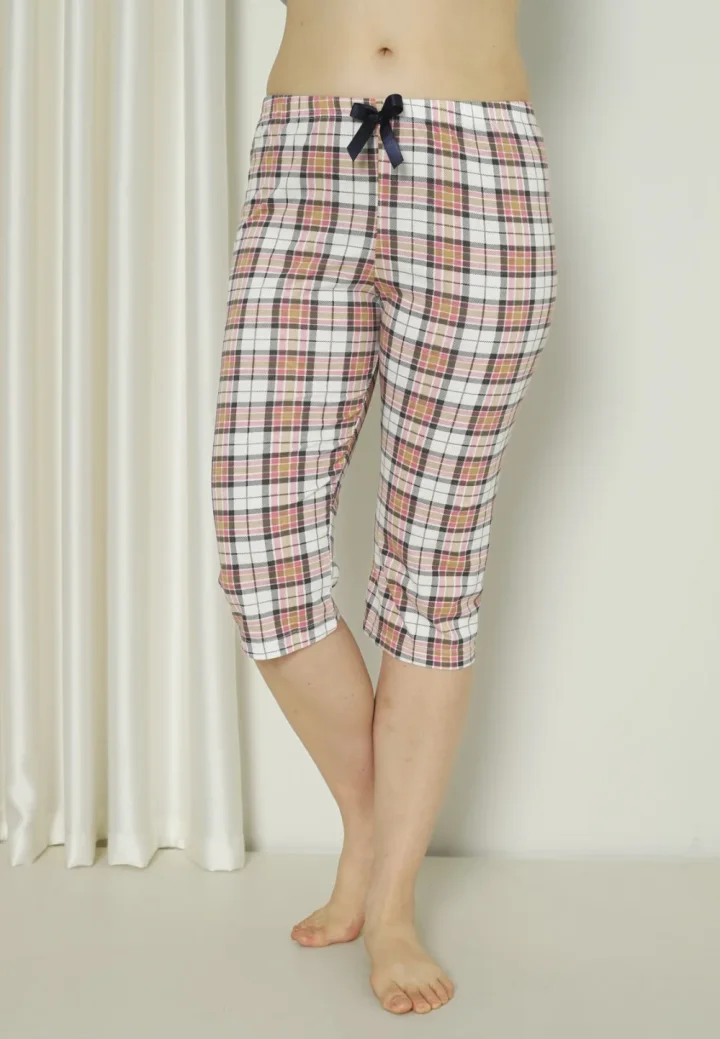 Pantaloni pijama damă 3/4, roz, imprimeu carouri