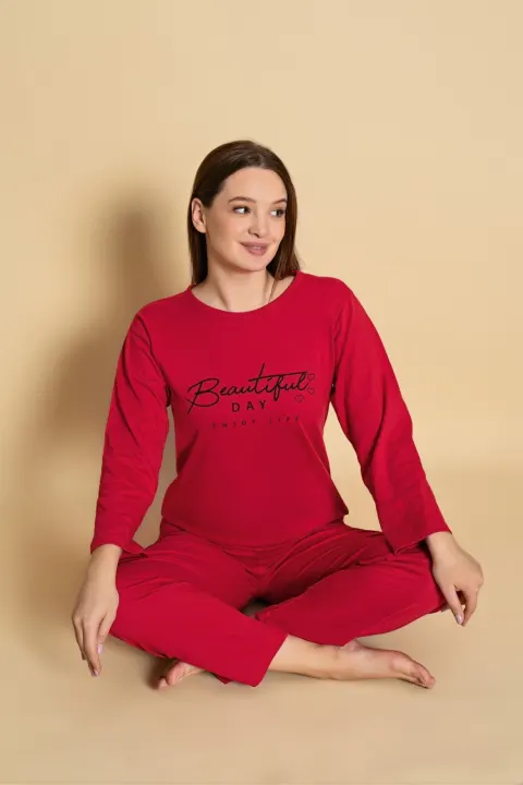 Pijama damă cu mânecă lungă și pantaloni  asortați, imprimeu ,,Beautiful Day"
