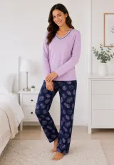 Pijama de dama lila cu maneca lunga si pantaloni lungi blumarin cu frunze