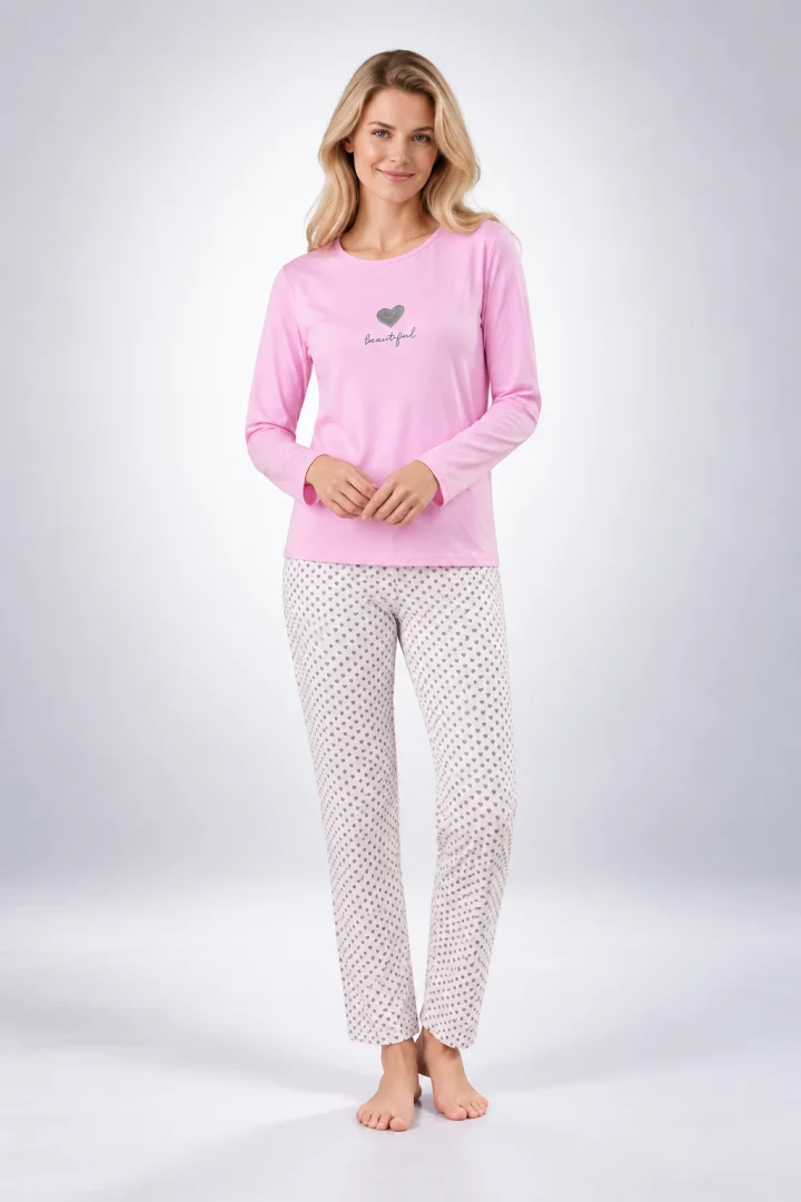 Pijama damă cu mânecă lungă și pantaloni lungi cu imprimeu