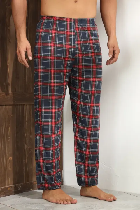 Pantaloni pijama bărbați negri cu carouri roșii și linii albe