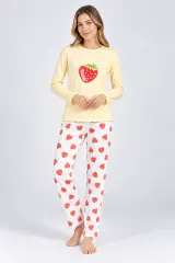 Pijama damă, bluză galbenă și pantaloni albi, imprimeu cu căpșuni