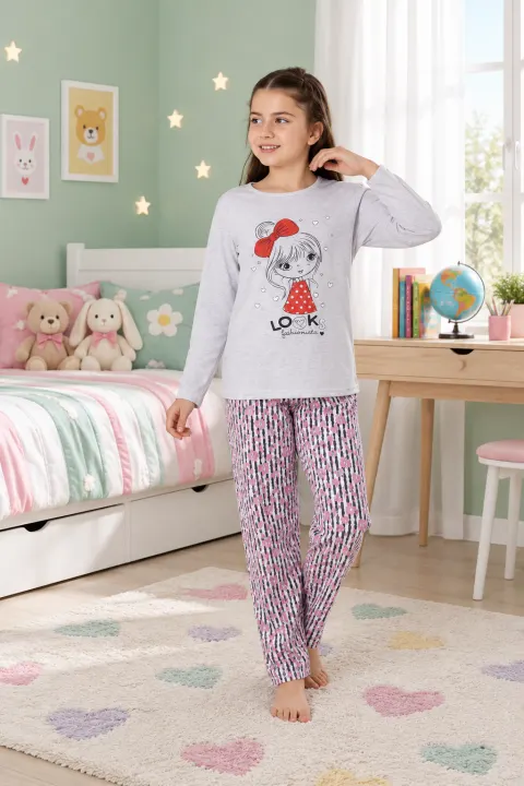 Pijama fetițe din bumbac cu mânecă lungă și pantaloni lungi – „Looks”, gri