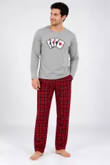 Pijama barbat gri cu carouri rosi