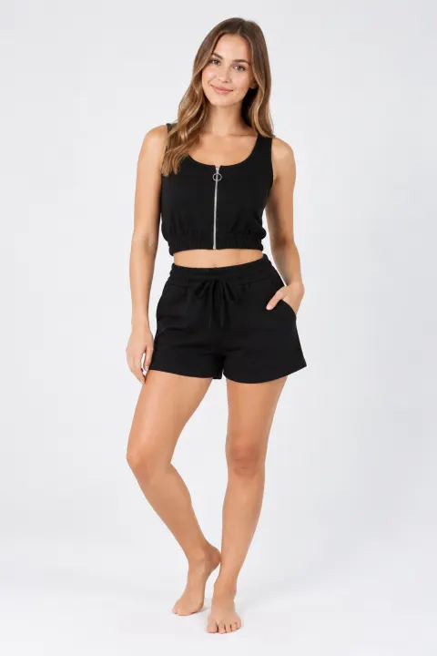Compleu damă casual din bumbac, set cu top scurt și pantaloni scurți cu buzunare, negru