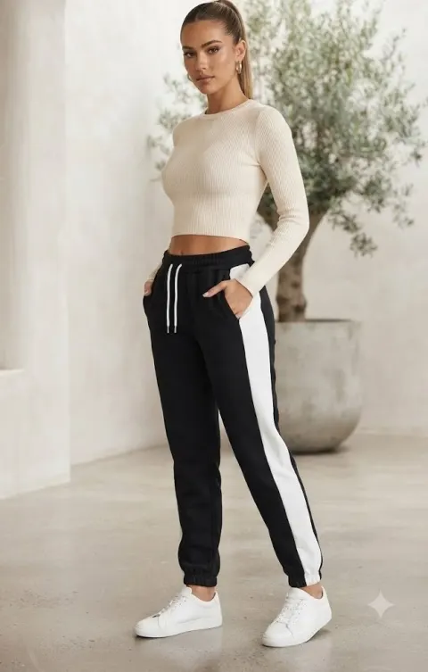 Pantaloni de trening damă negri cu dungi albe