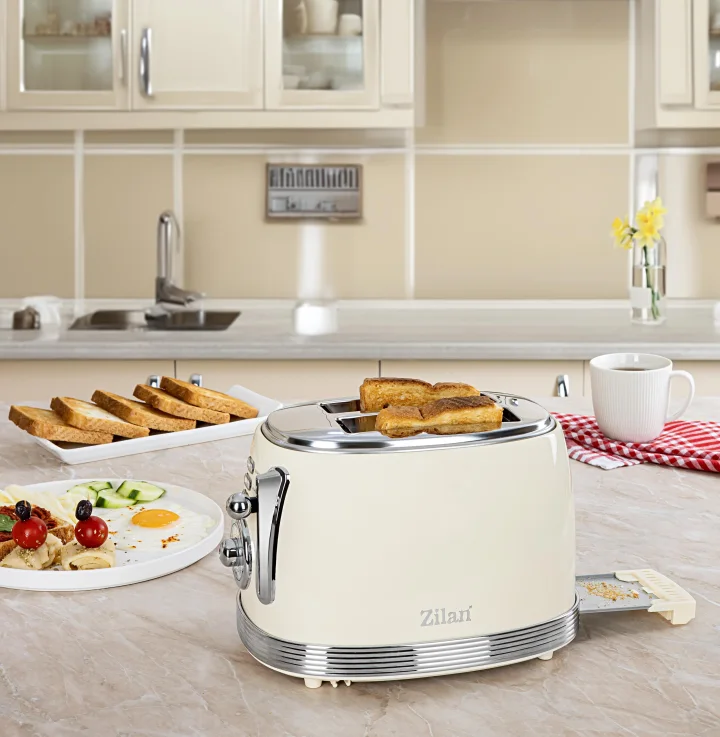 Prăjitor de Pâine Electric Retro, 850W, 2 Felii, 6 Trepte de Rumenire, Decongelare și Reîncălzire, Crem